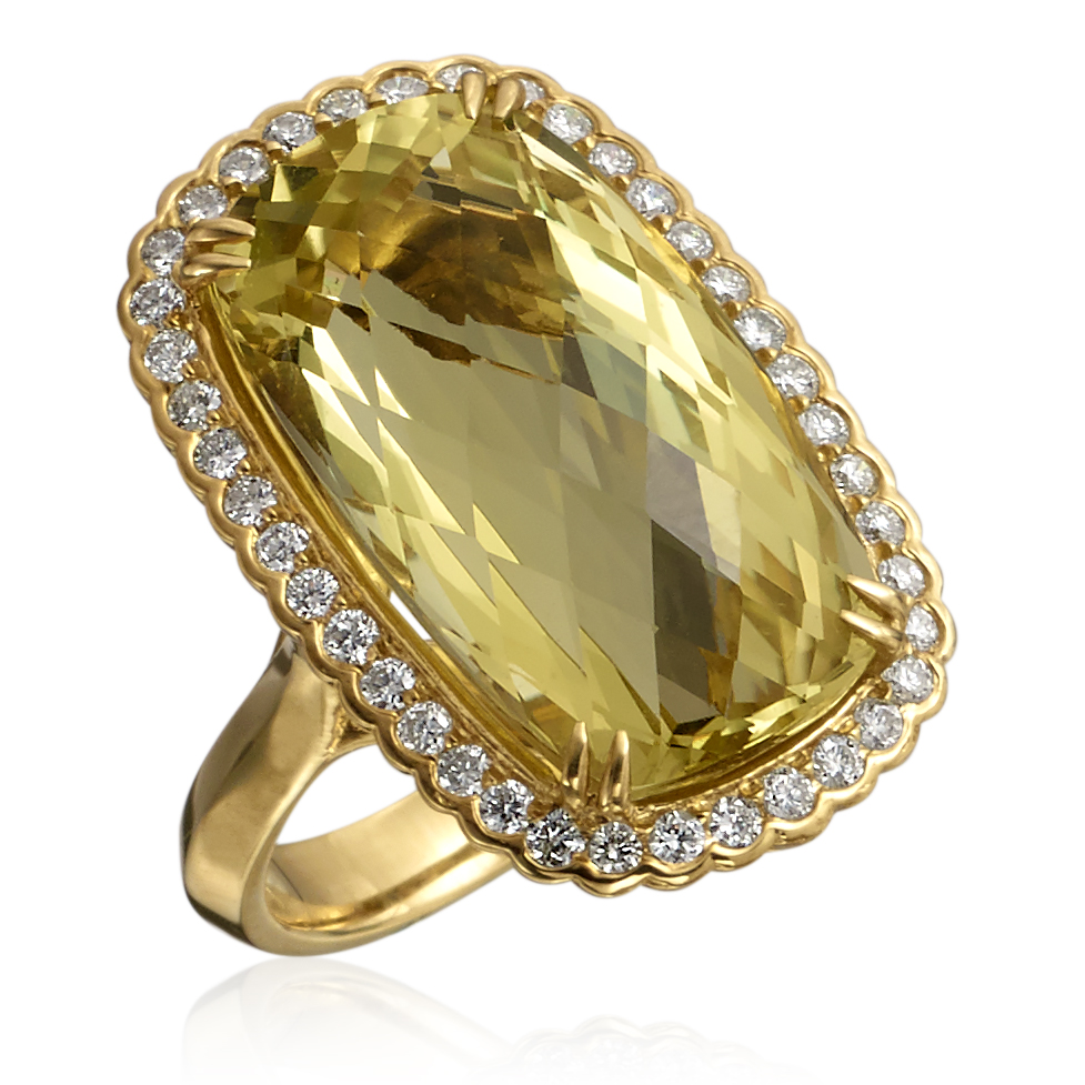 Lemon Citrine Elongated Cushion Cocktail Ring with Diamond Halo in 18K Yellow Gold