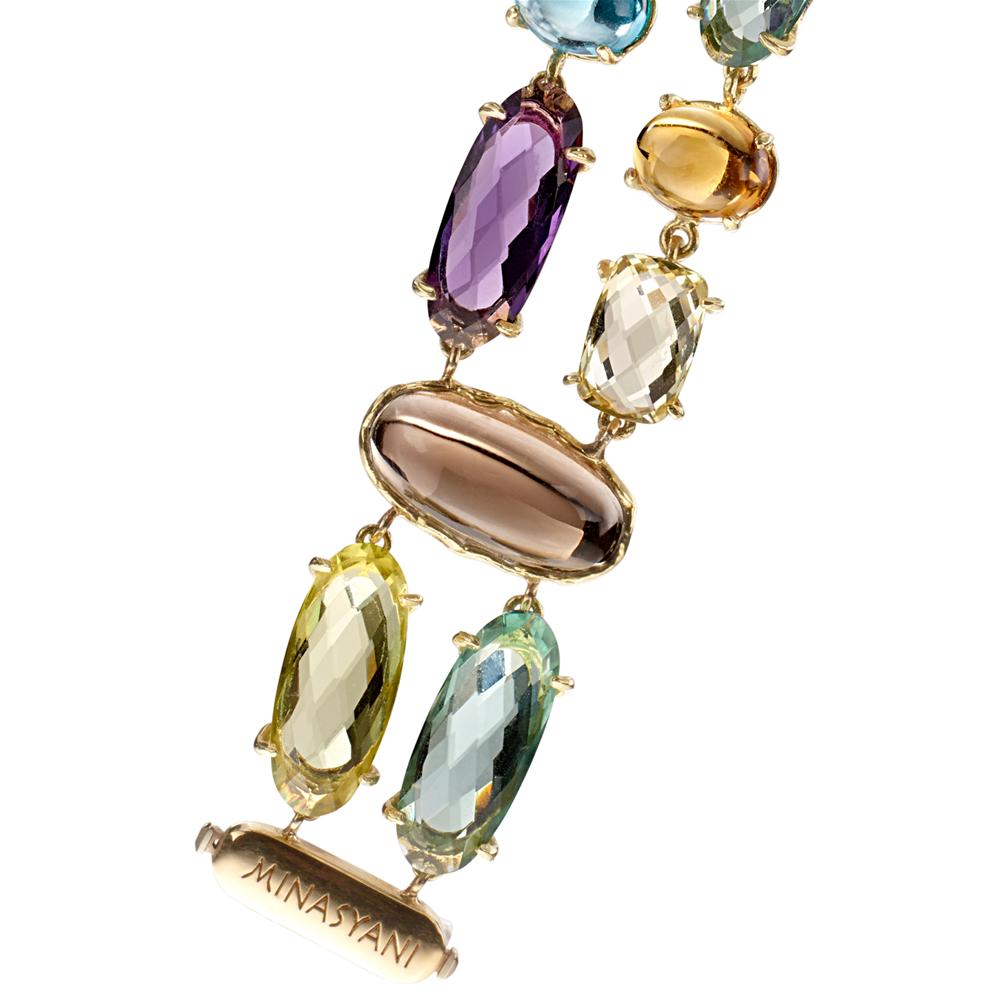 Multicolor Quartz Gemstone Double Row Bracelet 18K Yellow Gold