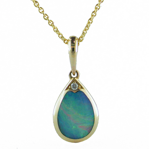 Kabana Opal Inlay Teardrop Pendant Necklace in 14K Yellow Gold with Diamond