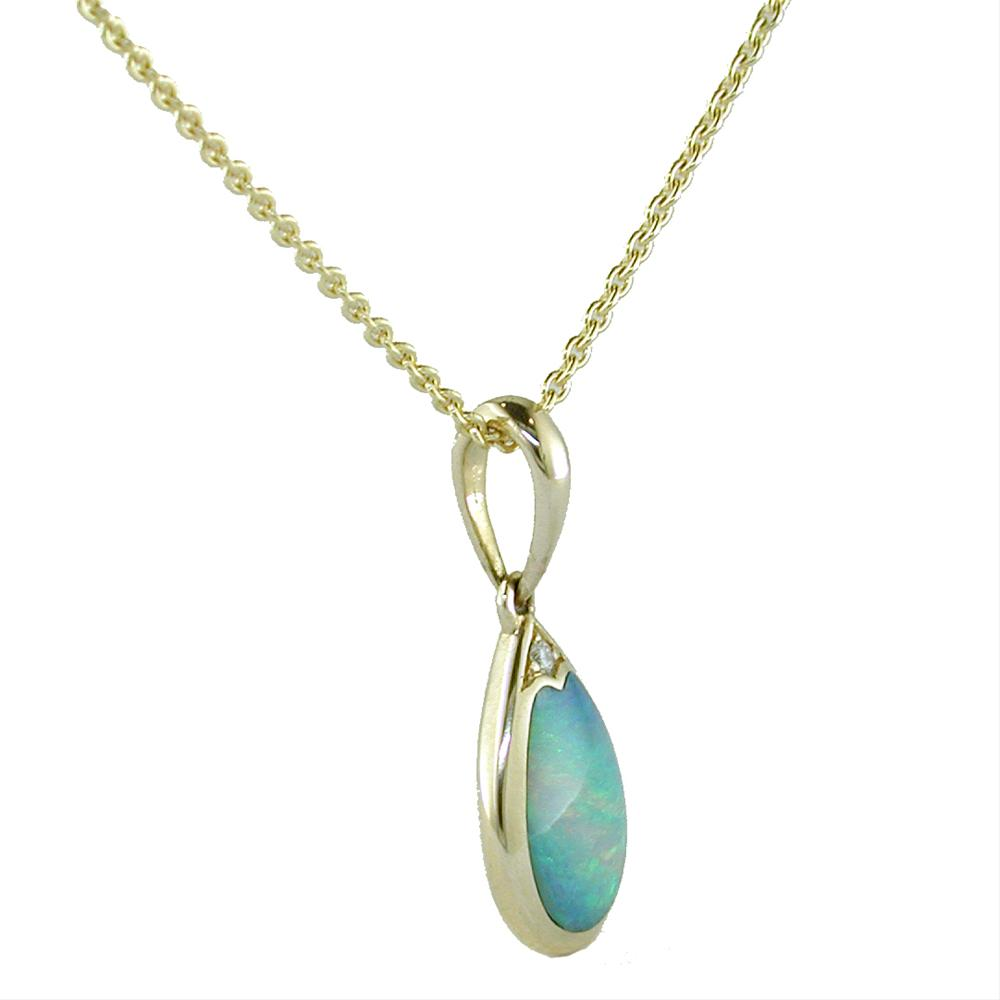 Kabana Opal Inlay Teardrop Pendant Necklace in 14K Yellow Gold with Diamond