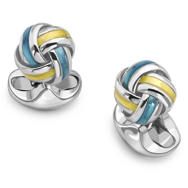 Deakin & Francis Blue & Yellow Enamel Sterling Silver Knot Cufflinks