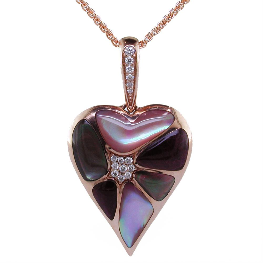 Kabana Heart Black Mother of Pearl Inlay Pendant Necklace with Diamonds in 14K Rose Gold