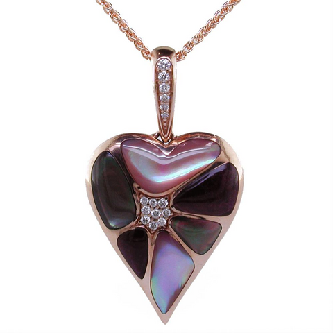 Kabana Heart Black Mother of Pearl Inlay Pendant Necklace with Diamonds in 14K Rose Gold