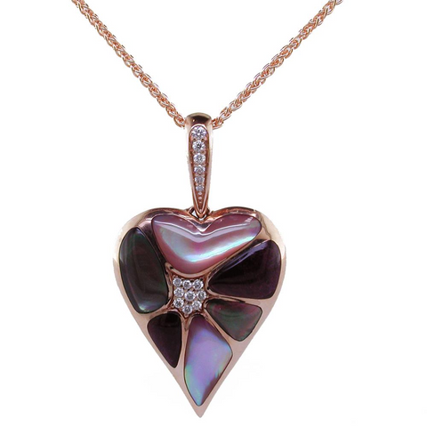 Kabana Heart Black Mother of Pearl Inlay Pendant Necklace with Diamonds in 14K Rose Gold