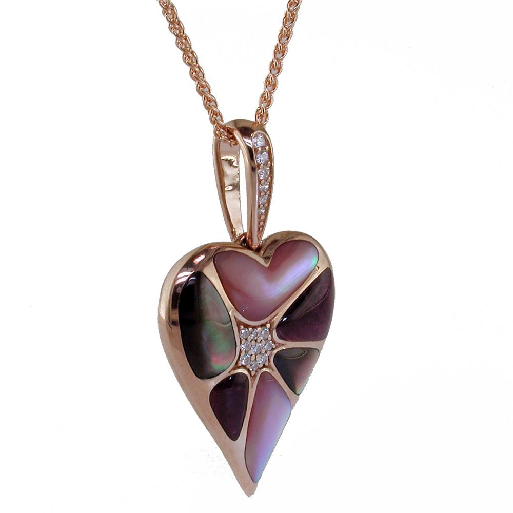 Kabana Heart Black Mother of Pearl Inlay Pendant Necklace with Diamonds in 14K Rose Gold