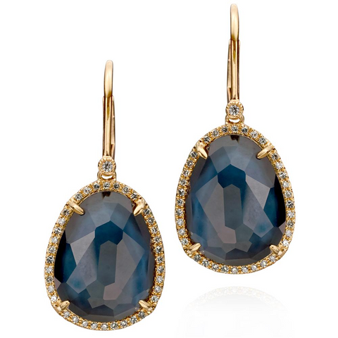Sapphire, Mother of Pearl, & Quartz Earrings in Yellow Gold with Diamond Halos