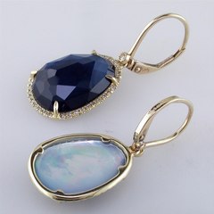 Sapphire, Mother of Pearl, & Quartz Earrings in Yellow Gold with Diamond Halos