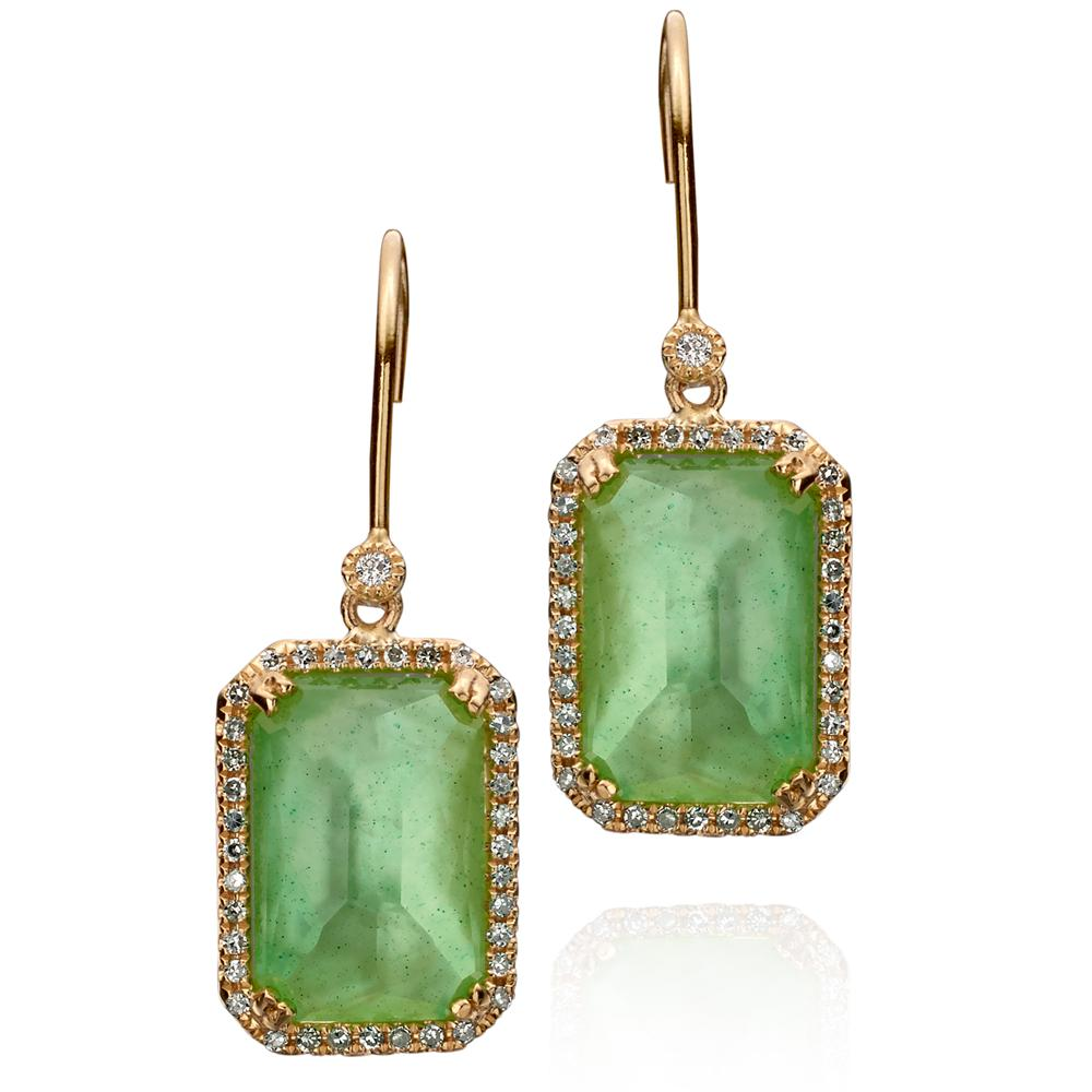 Chrysoprase, Mother of Pearl, & Quartz Green Triplet Diamond Dangle Earrings