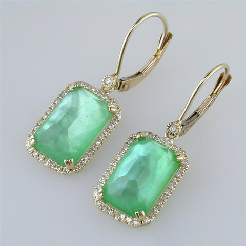 Chrysoprase, Mother of Pearl, & Quartz Green Triplet Diamond Dangle Earrings