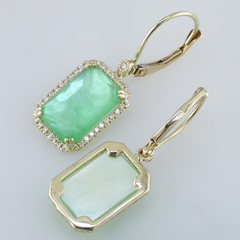 Chrysoprase, Mother of Pearl, & Quartz Green Triplet Diamond Dangle Earrings