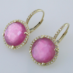 Pink Tourmaline, Mother of Pearl, & Quartz Triplet Earrings with Diamond Halo in Yellow Gold