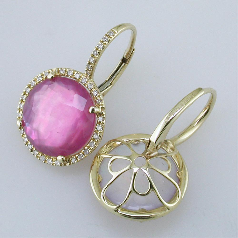 Pink Tourmaline, Mother of Pearl, & Quartz Triplet Earrings with Diamond Halo in Yellow Gold