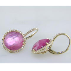 Pink Tourmaline, Mother of Pearl, & Quartz Triplet Earrings with Diamond Halo in Yellow Gold