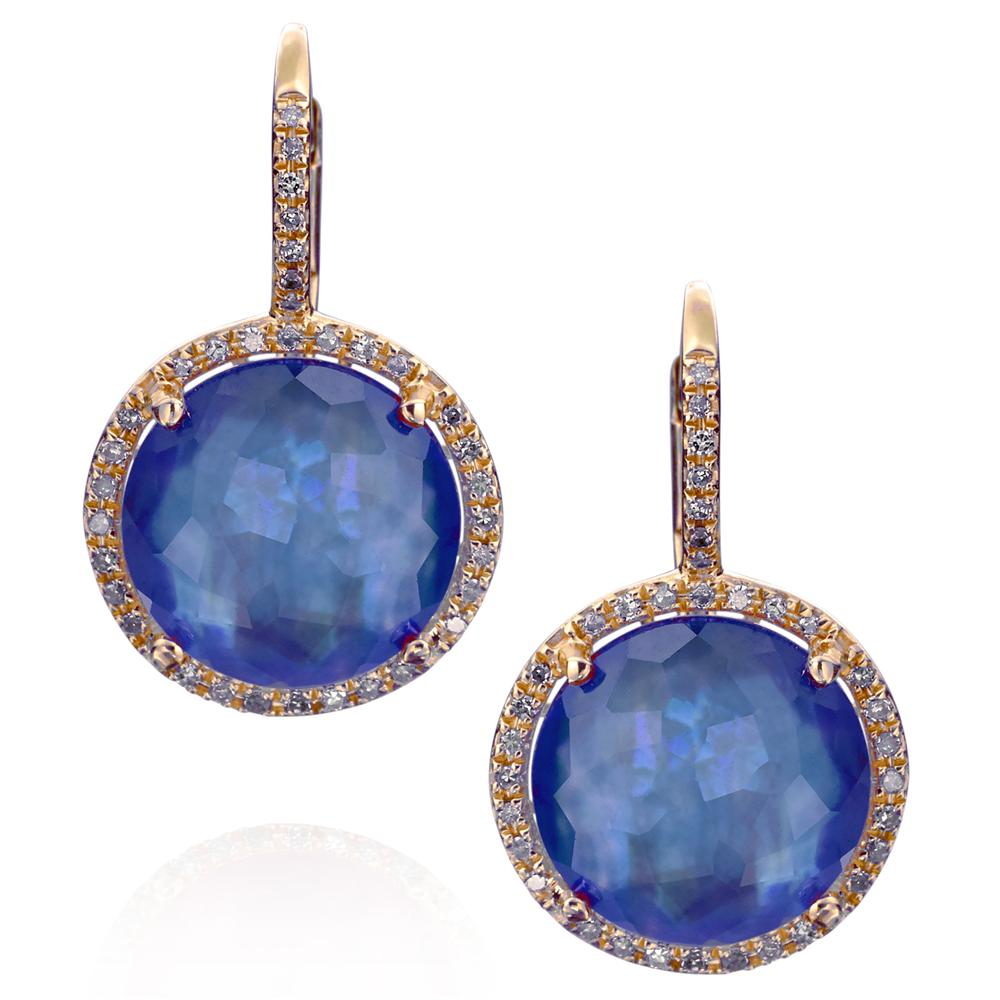 Sapphire, Mother of Pearl, & Quartz Triplet Earrings with Diamond Halo in Yellow Gold