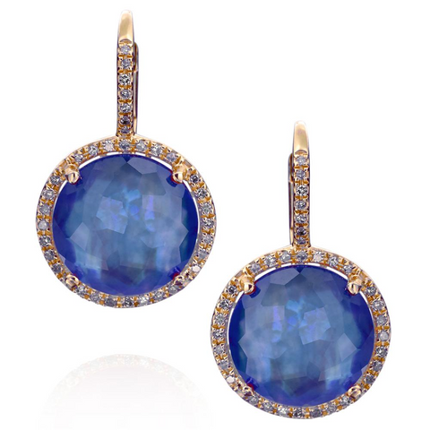 Sapphire, Mother of Pearl, & Quartz Triplet Earrings with Diamond Halo in Yellow Gold
