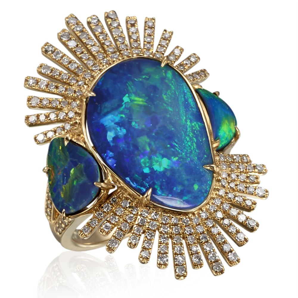 Freeform Natural Opal Sunburst Diamond Cocktail Ring in Yellow Gold