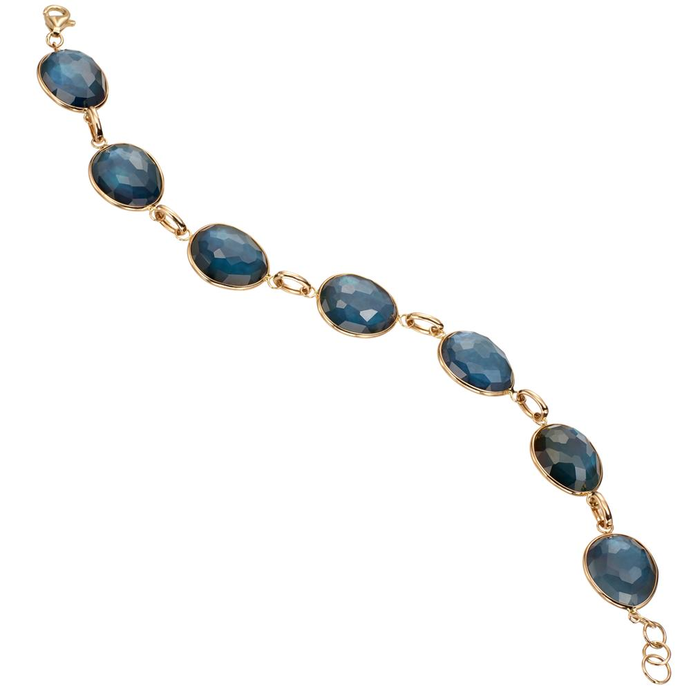 Sapphire, Mother of Pearl, & Quartz Triplet Oval Link Bracelet in Yellow Gold