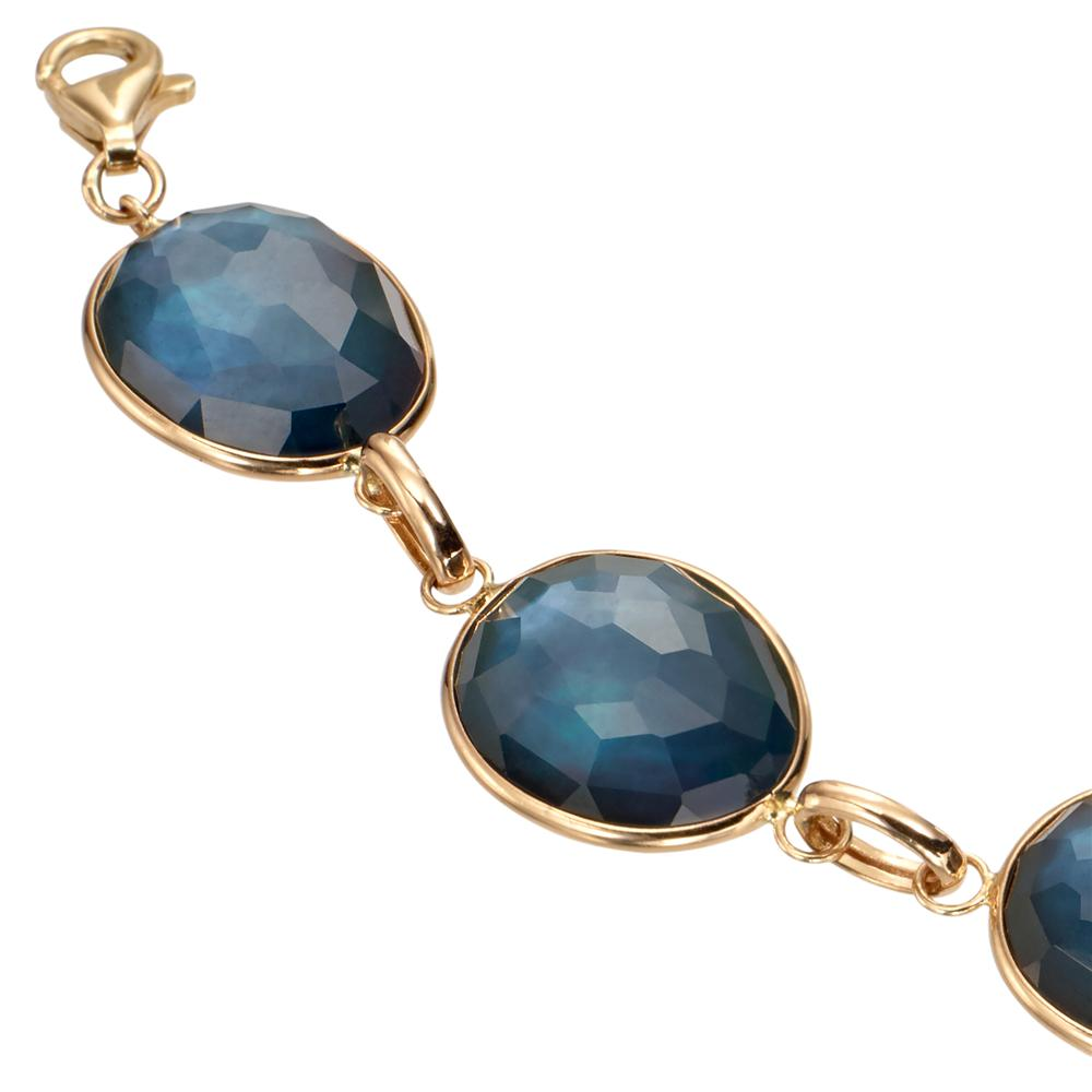 Sapphire, Mother of Pearl, & Quartz Triplet Oval Link Bracelet in Yellow Gold