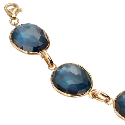 Sapphire, Mother of Pearl, & Quartz Triplet Oval Link Bracelet in Yellow Gold