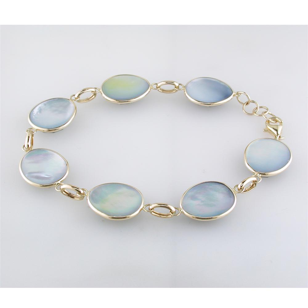 Sapphire, Mother of Pearl, & Quartz Triplet Oval Link Bracelet in Yellow Gold