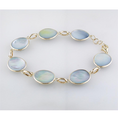 Sapphire, Mother of Pearl, & Quartz Triplet Oval Link Bracelet in Yellow Gold