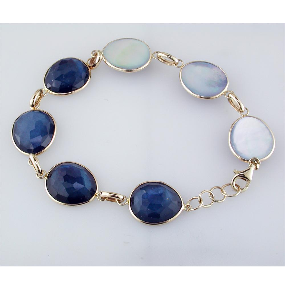 Sapphire, Mother of Pearl, & Quartz Triplet Oval Link Bracelet in Yellow Gold