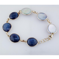 Sapphire, Mother of Pearl, & Quartz Triplet Oval Link Bracelet in Yellow Gold