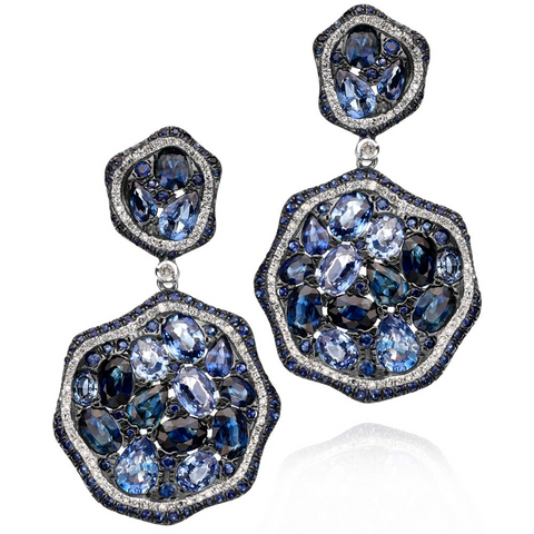 Blue Sapphire & Diamond Freeform Style Circular Double Drop Dangle Earrings 14K
