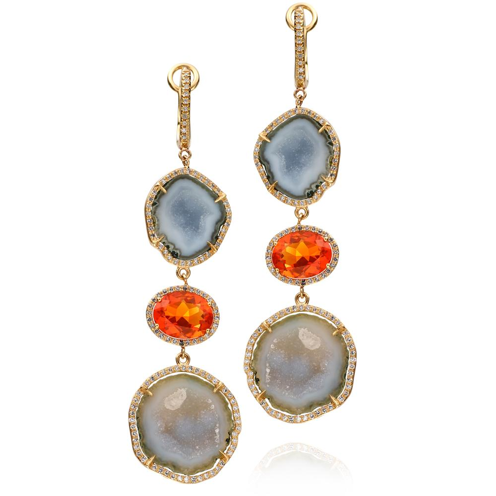 Geode Druse (Drusy) (Druzy) Collector's Gem Quartz & Fire Opal Double Dangle Earrings with Diamonds in Yellow Gold