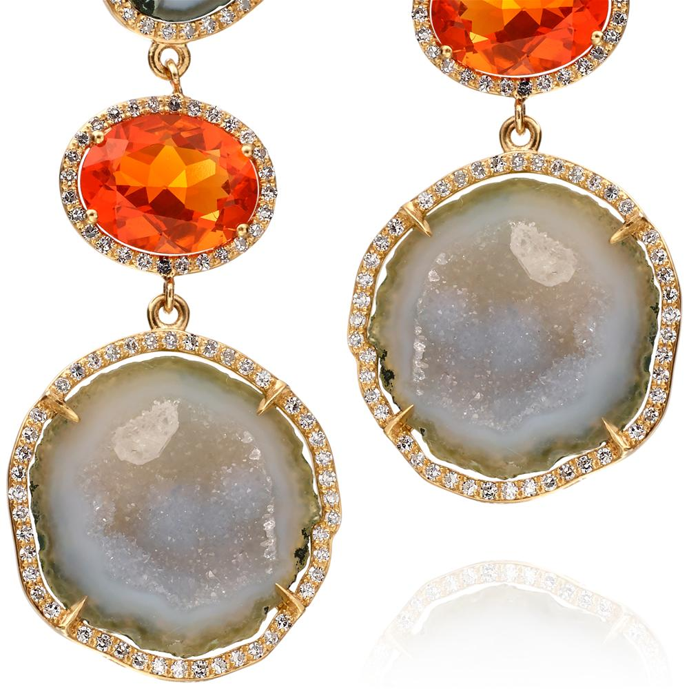 Geode Druse (Drusy) (Druzy) Collector's Gem Quartz & Fire Opal Double Dangle Earrings with Diamonds in Yellow Gold