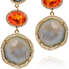 Geode Druse (Drusy) (Druzy) Collector's Gem Quartz & Fire Opal Double Dangle Earrings with Diamonds in Yellow Gold