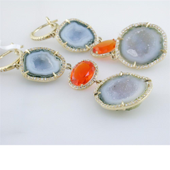Geode Druse (Drusy) (Druzy) Collector's Gem Quartz & Fire Opal Double Dangle Earrings with Diamonds in Yellow Gold