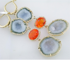 Geode Druse (Drusy) (Druzy) Collector's Gem Quartz & Fire Opal Double Dangle Earrings with Diamonds in Yellow Gold