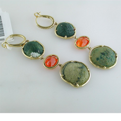 Geode Druse (Drusy) (Druzy) Collector's Gem Quartz & Fire Opal Double Dangle Earrings with Diamonds in Yellow Gold