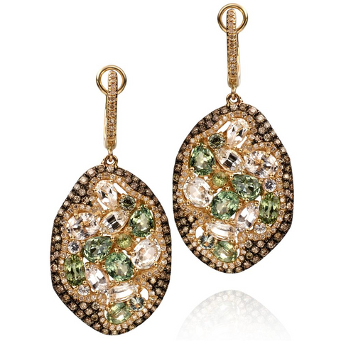 Green & Colorless Sapphire & Diamond Freeform Style Oval Drop Dangle Earrings 14K