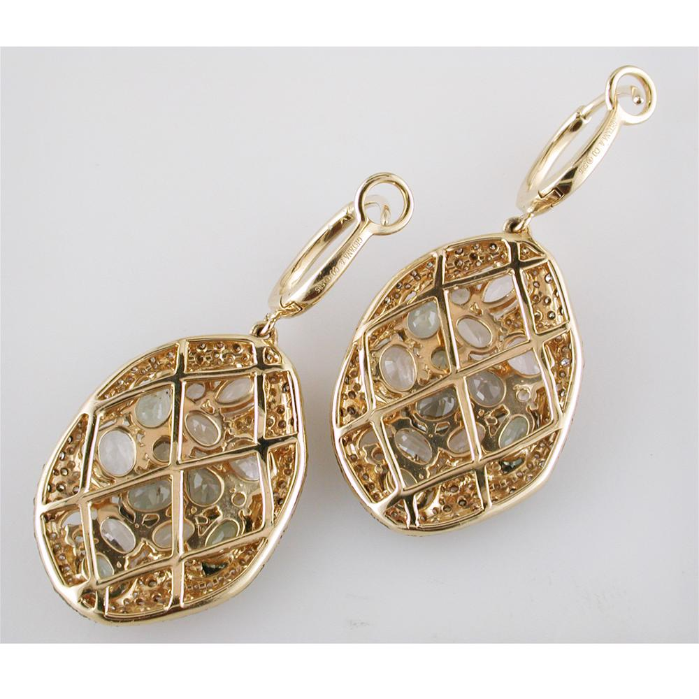 Green & Colorless Sapphire & Diamond Freeform Style Oval Drop Dangle Earrings 14K