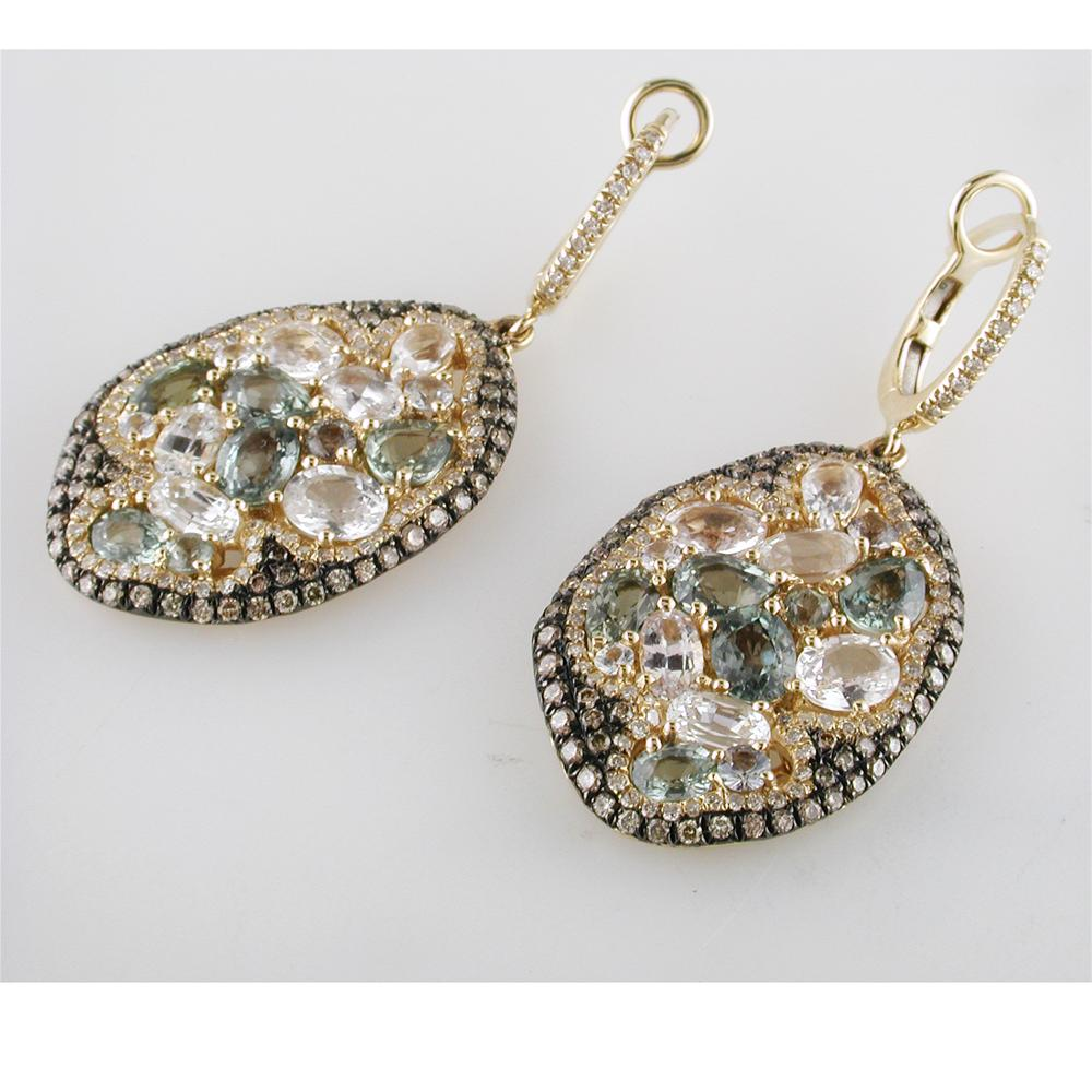 Green & Colorless Sapphire & Diamond Freeform Style Oval Drop Dangle Earrings 14K