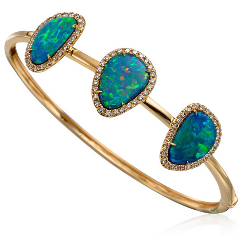 Freeform Opal & Diamond Yellow Gold Bangle Bracelet 14K