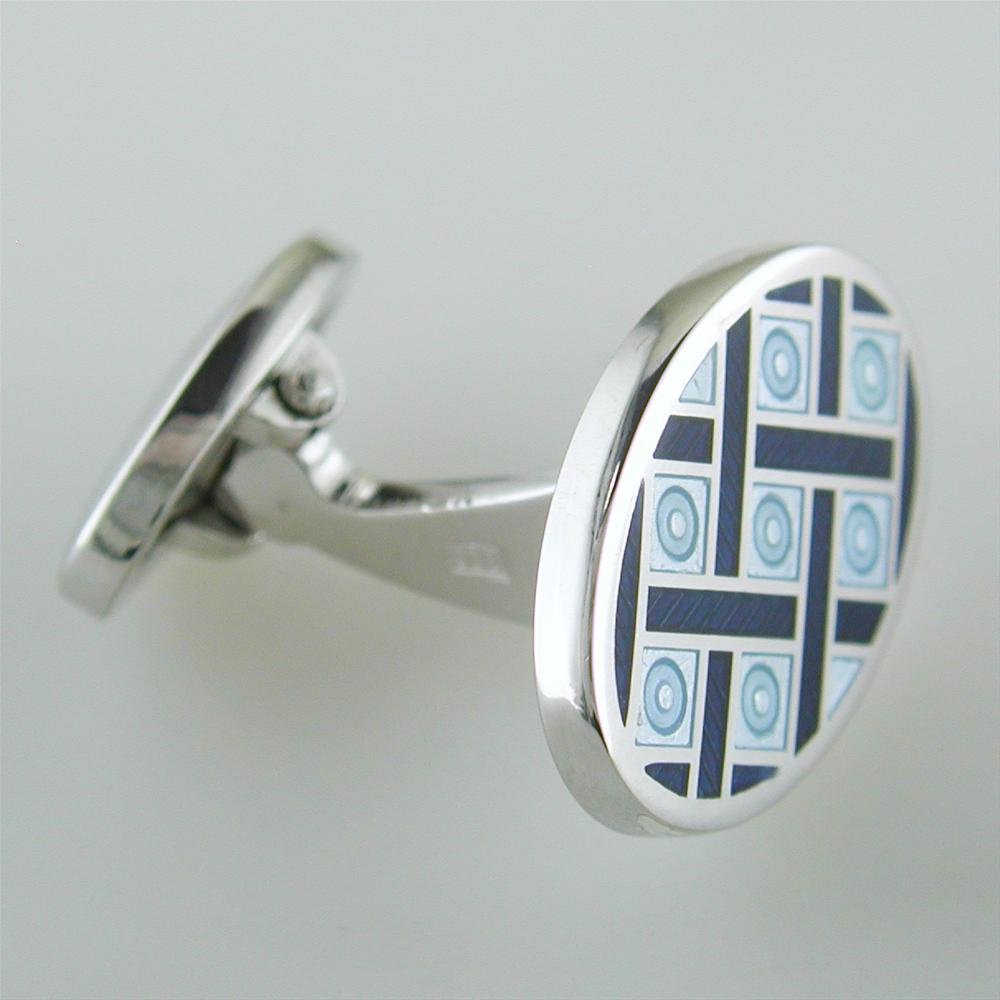 Jan Leslie Blue & Navy English Enamel Oval Criss-Cross Silver Cufflinks
