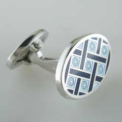Jan Leslie Blue & Navy English Enamel Oval Criss-Cross Silver Cufflinks