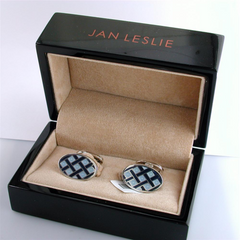 Jan Leslie Blue & Navy English Enamel Oval Criss-Cross Silver Cufflinks