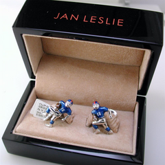 Jan Leslie NY Giants Football Player Silver With Blue Enamel Cufflinks