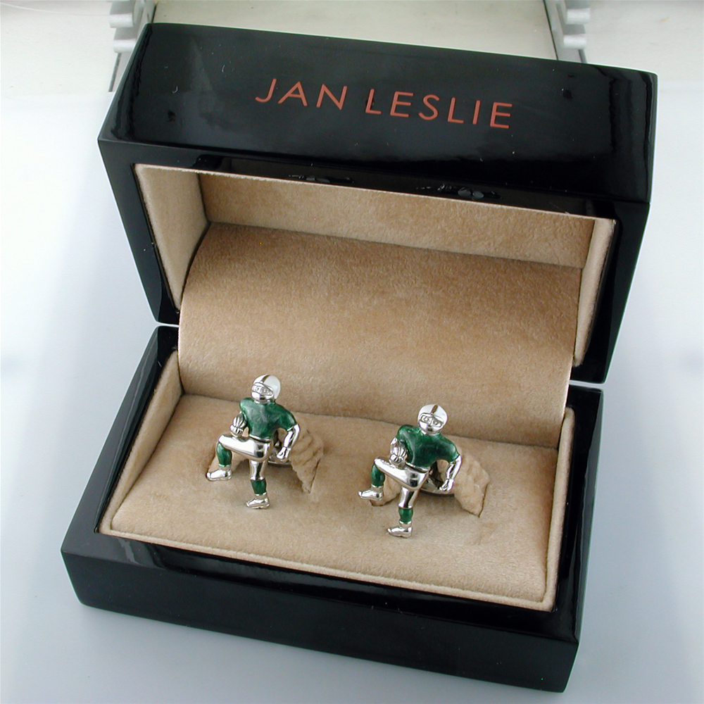 Jan Leslie New York Jets Football Player Silver With Green Enamel Cufflinks S835NYJ