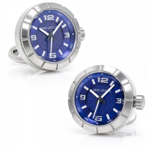 Jan Leslie Blue Sports Watch Lovers Stainless Steel Cufflinks