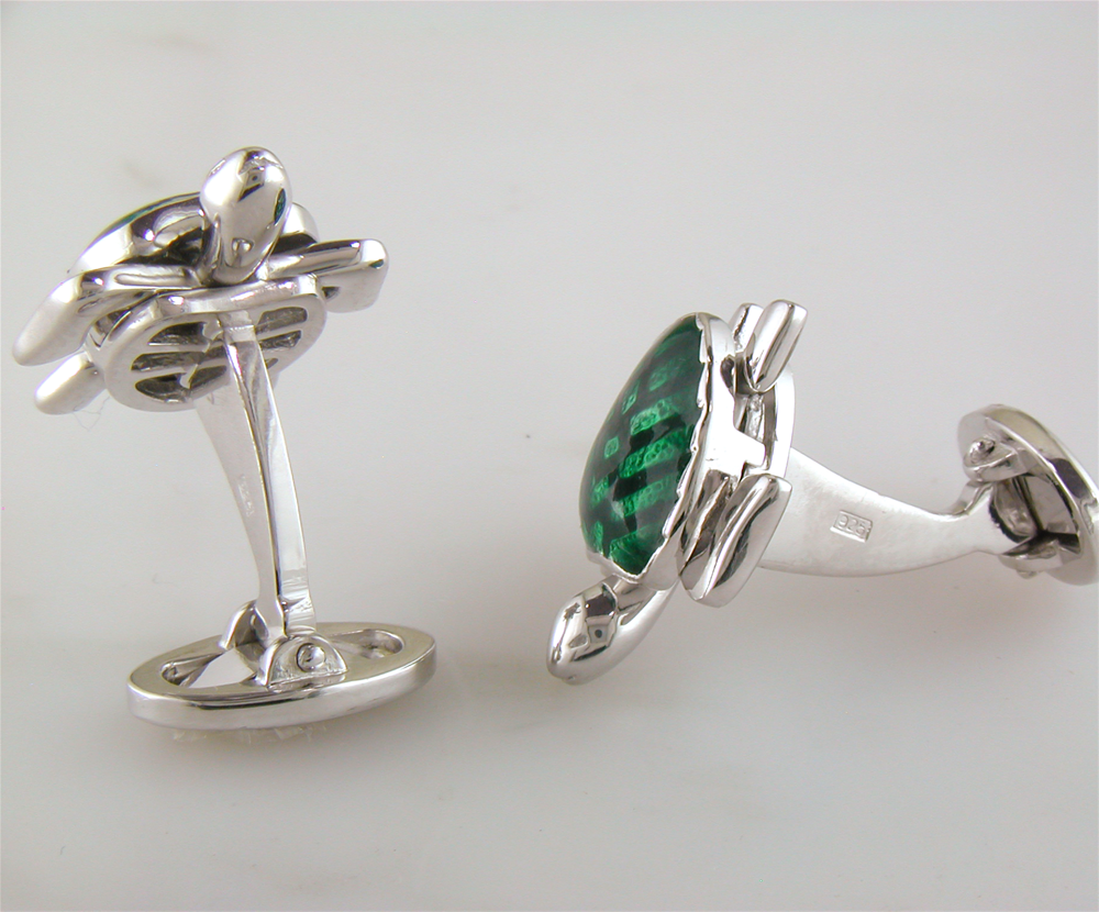 Jan Leslie Silver Turtle Cufflinks with Green Enamel S1087