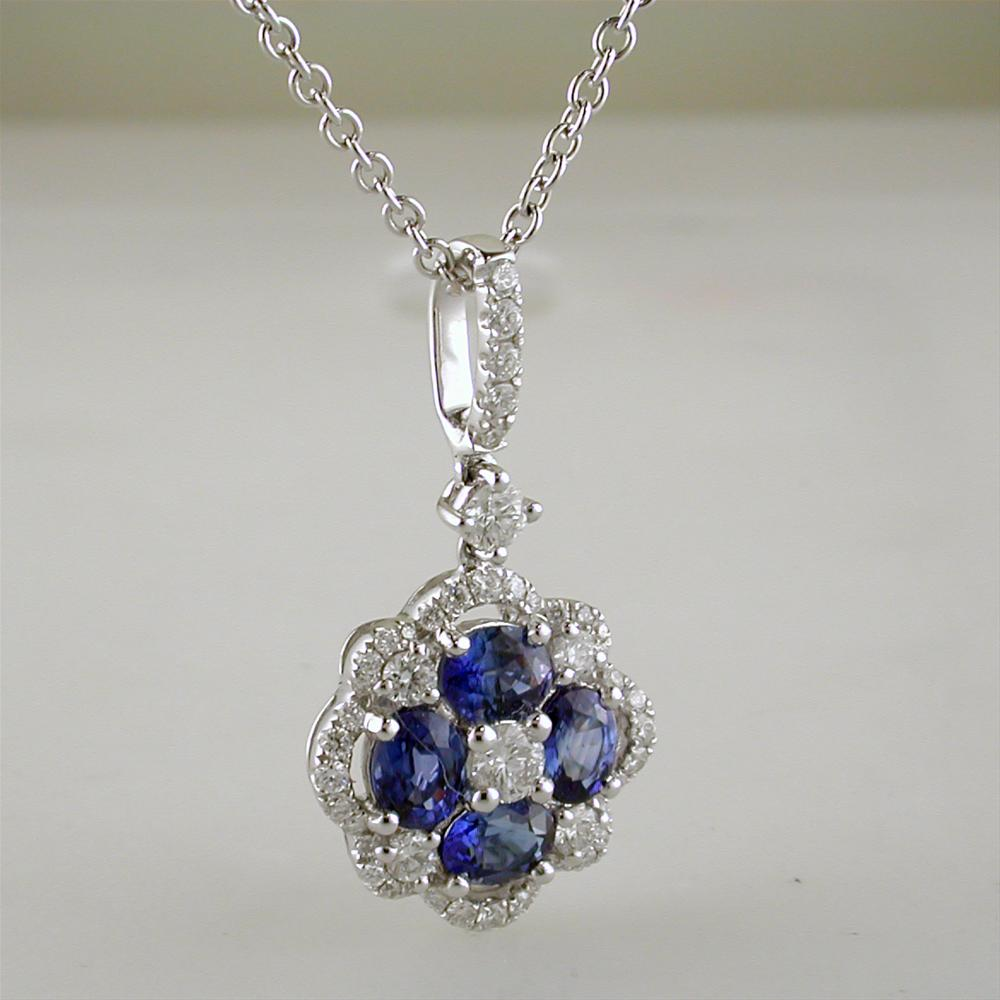 Gregg Ruth Sapphire & Diamond Flower Pendant Necklace 18K White Gold