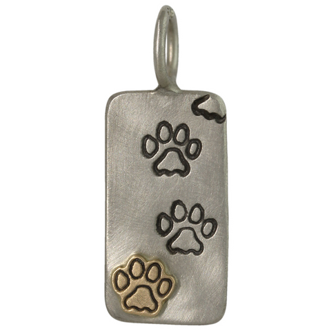 Heather Moore Silver Dog Paw Print ID Tag Charm Pendant with Yellow Gold