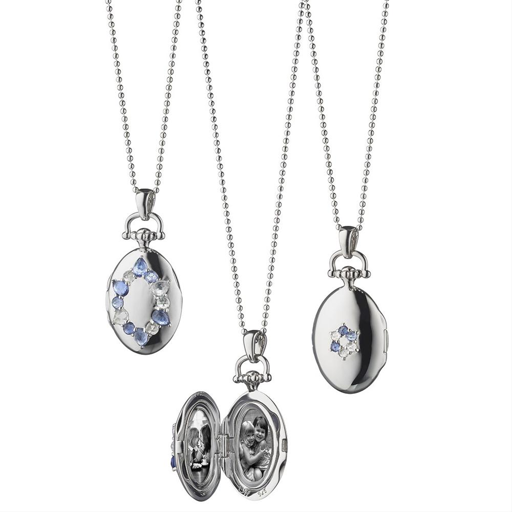 Monica Rich Kosann Oval Burst Silver Locket Pendant with Rose Cut Blue Sapphires