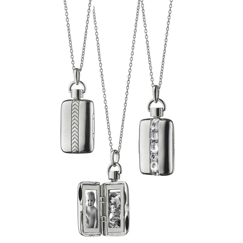 Monica Rich Kosann Rectangular Rose-Cut Crystal Locket Pendant Necklace Sterling Silver, two photos, 30" chain