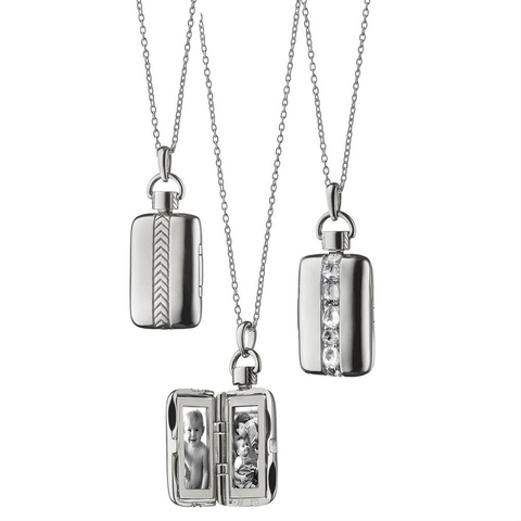 Monica Rich Kosann Rectangular Rose-Cut Crystal Locket Pendant Necklace Sterling Silver, two photos, 30" chain